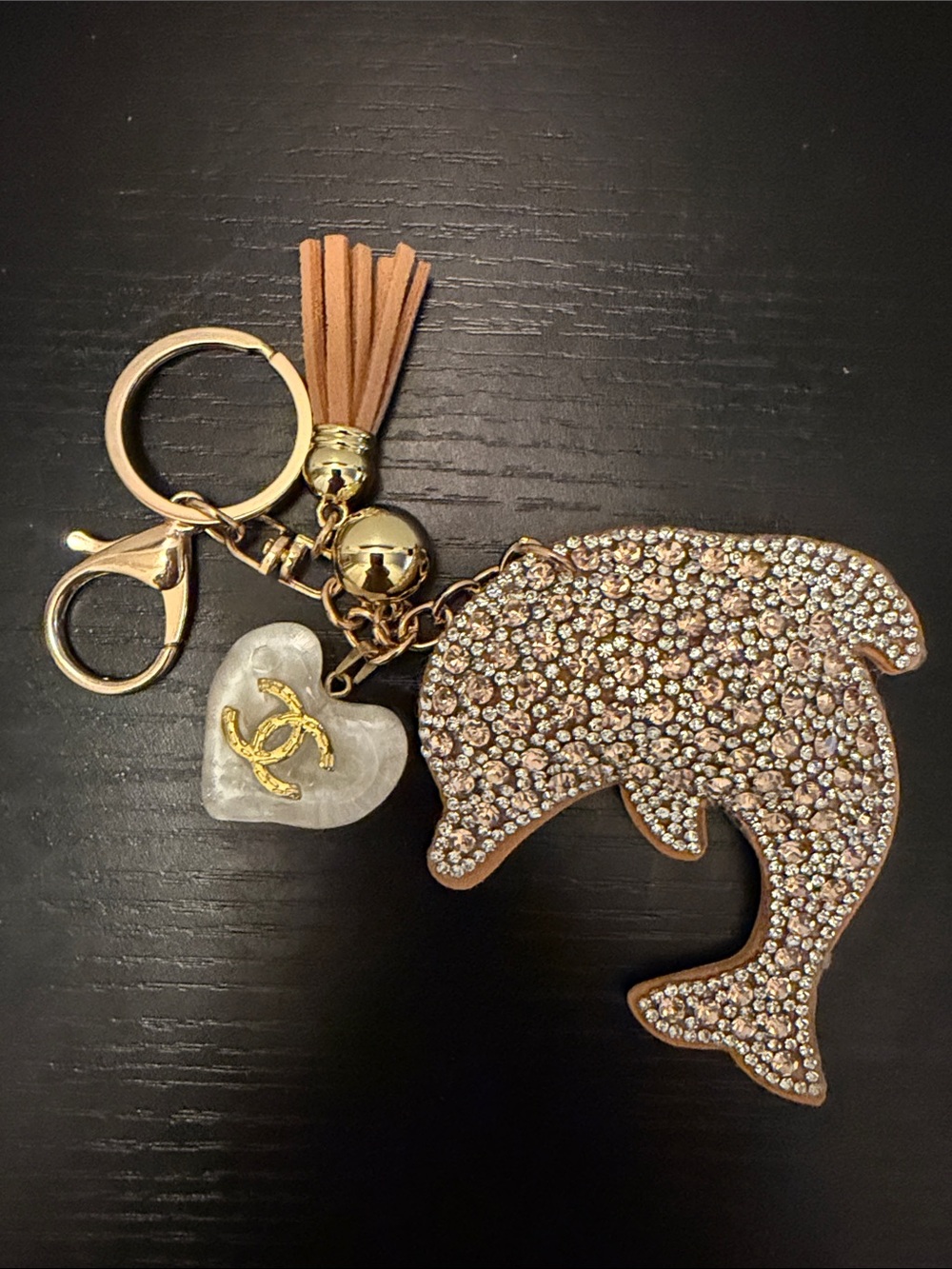 Rhinestone Dolphin Keychain/Bag Charm in Tan and Gold